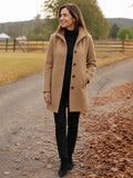 Serena Heritage Button-Front Coat in Camel on a 40+ model, front view