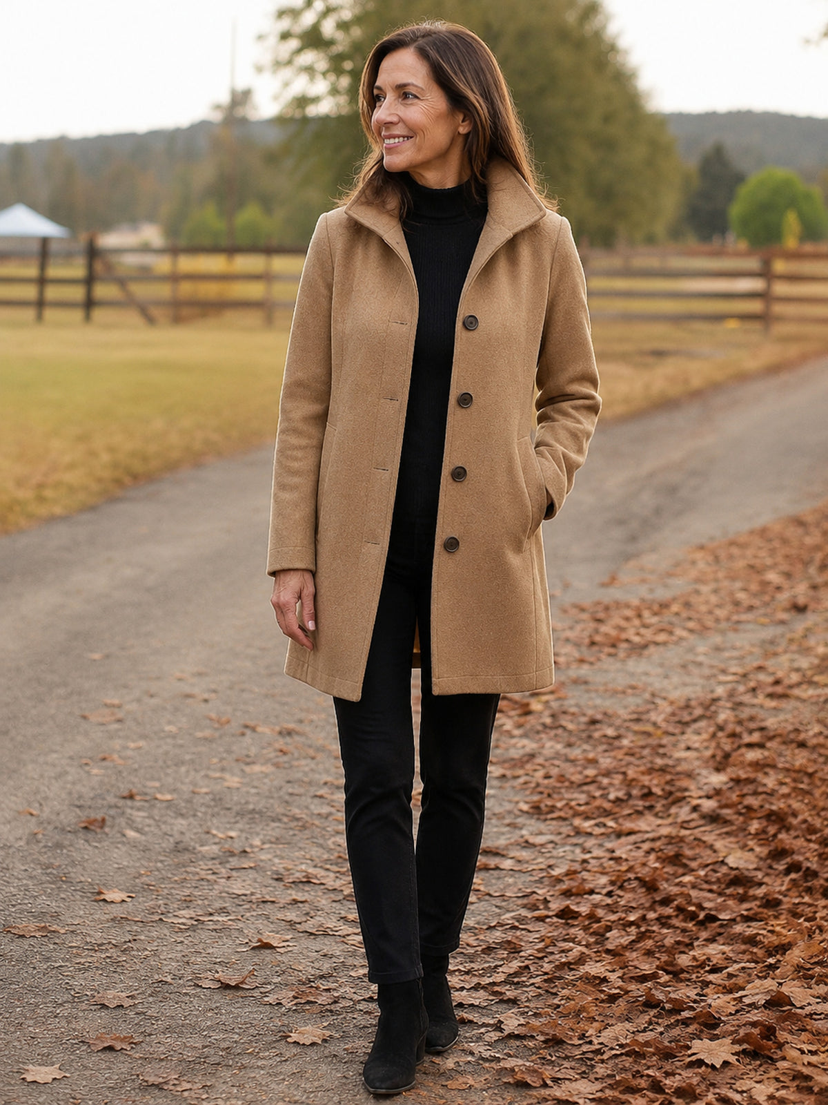 Serena Heritage Button-Front Coat in Camel on a 40+ model, front view