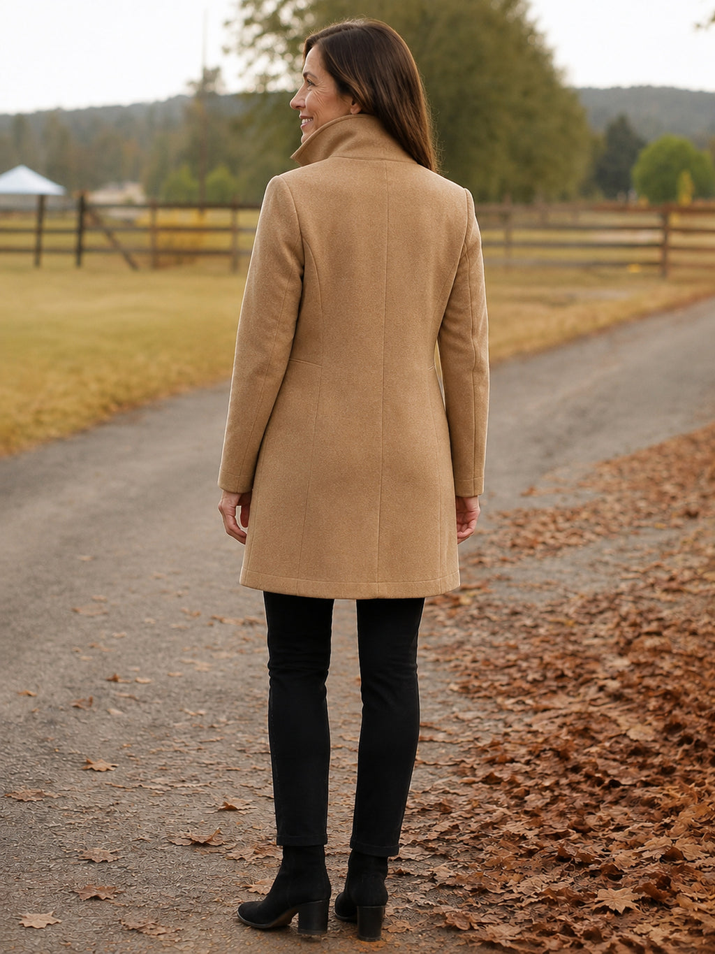 Serena Heritage Button-Front Coat in Camel on a 40+ model, back view
