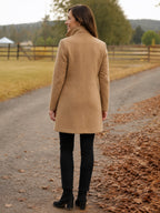 Serena Heritage Button-Front Coat in Camel on a 40+ model, back view