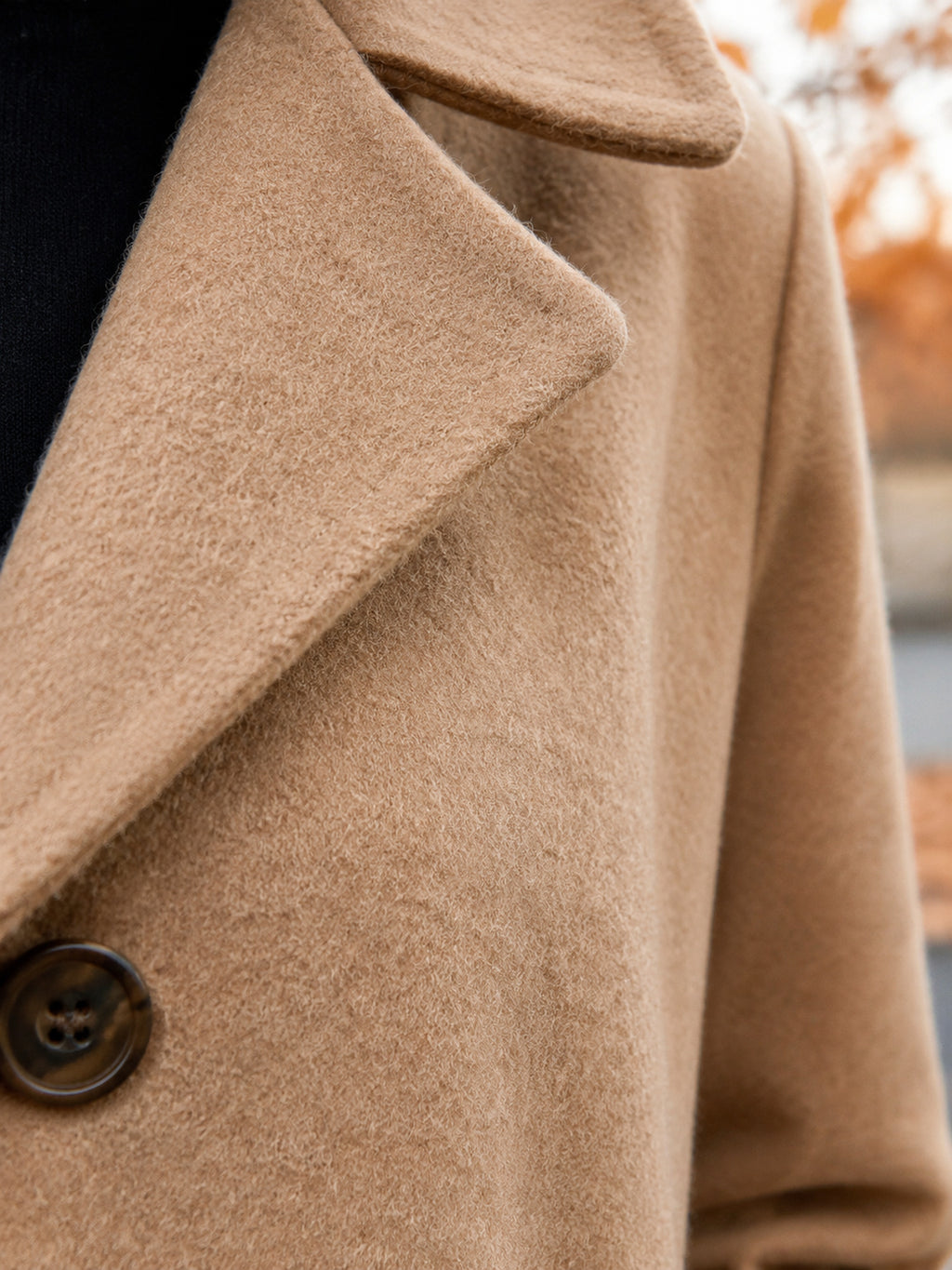 Serena Heritage Button-Front Coat in Camel, material detail