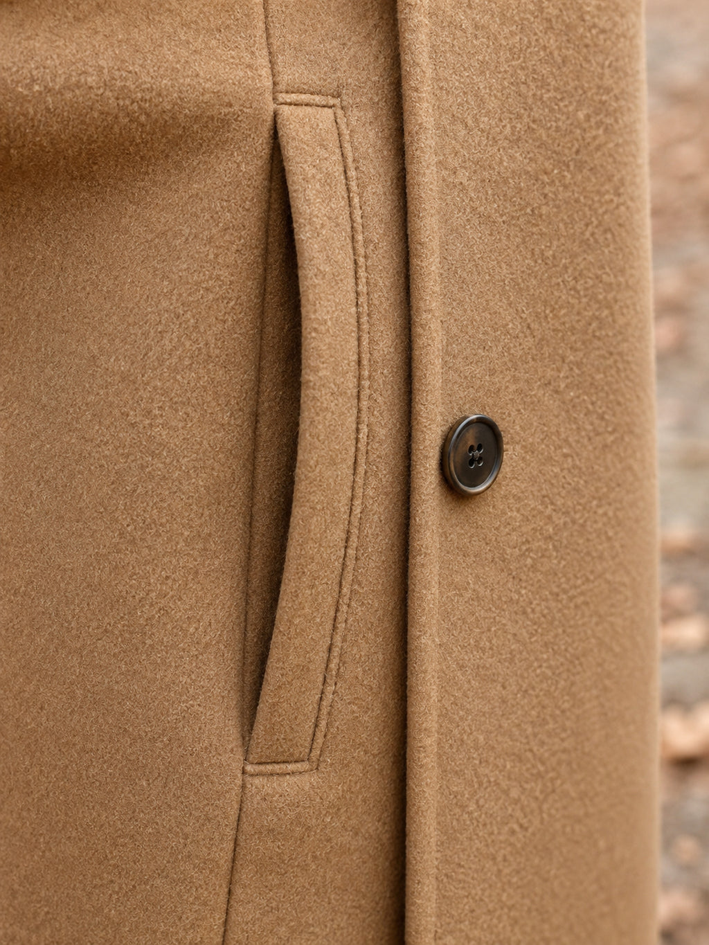 Serena Heritage Button-Front Coat in Camel, stitching detail
