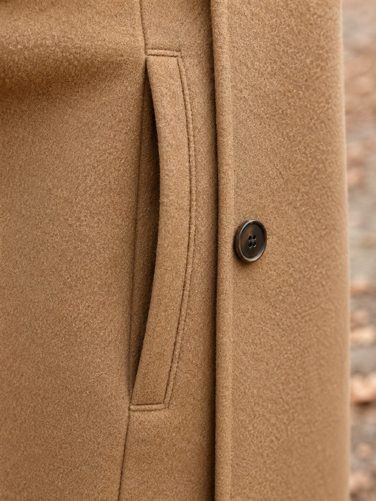 Serena Heritage Button-Front Coat in Camel, stitching detail