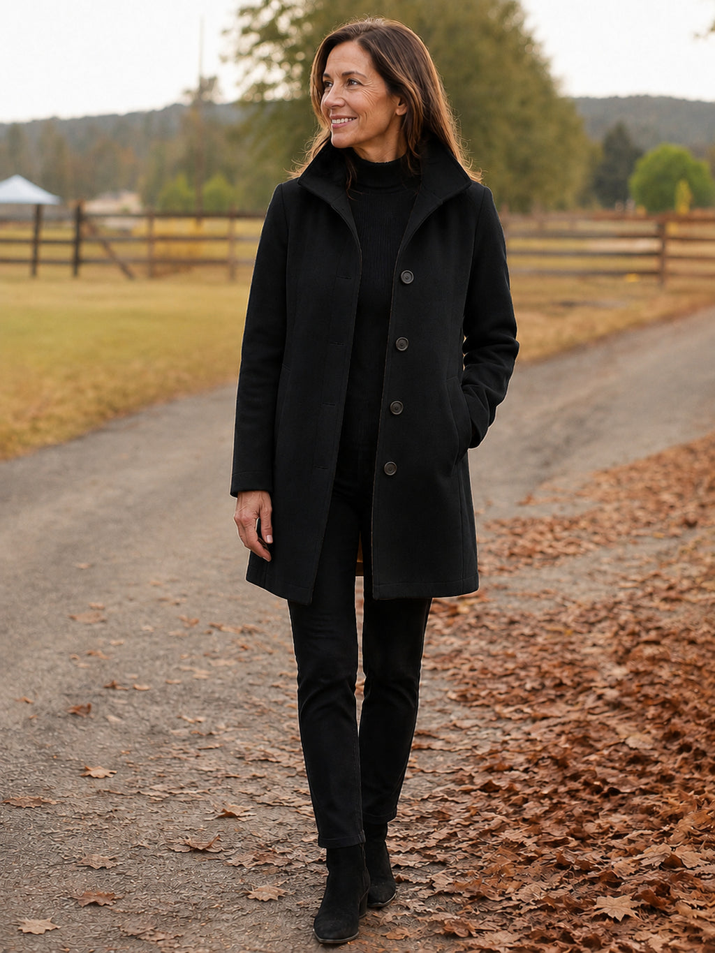 Serena Heritage Button-Front Coat in Black on a 40+ model
