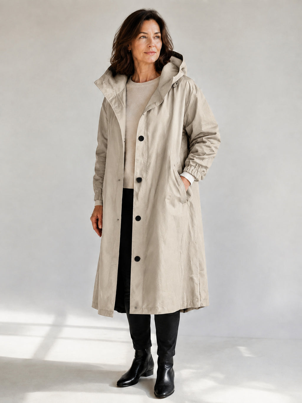 Theodora Hooded Longline Trench Coat in Beige on a 40+ model