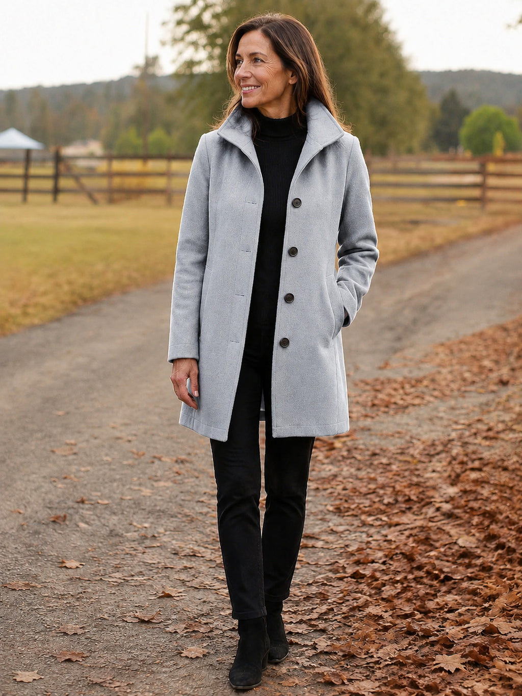 Serena Heritage Button-Front Coat in Light Grey on a 40+ model