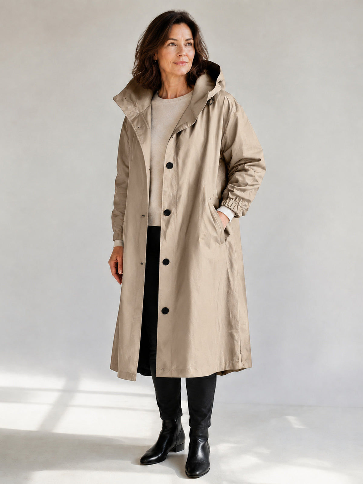 Theodora Hooded Longline Trench Coat in Sand on a 40+ model