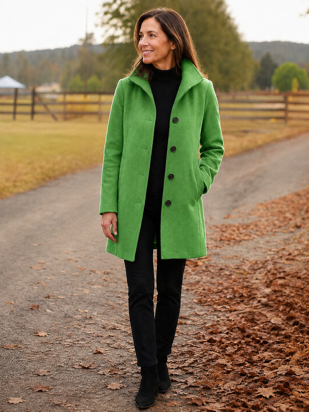 Serena Heritage Button-Front Coat in Apple Green on a 40+ model