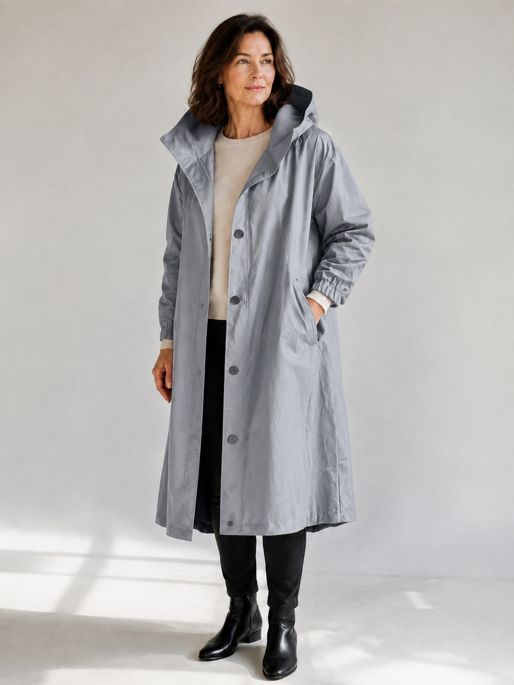 Theodora Hooded Longline Trench Coat in Slate Grey on a 40+ model