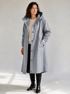Theodora Hooded Longline Trench Coat in Slate Grey on a 40+ model