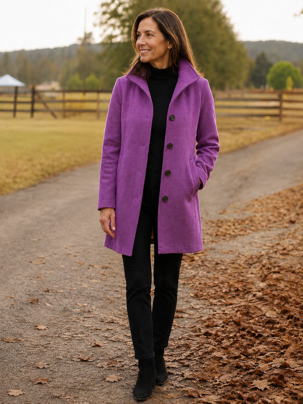 Serena Heritage Button-Front Coat in Orchid on a 40+ model