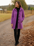 Serena Heritage Button-Front Coat in Orchid on a 40+ model