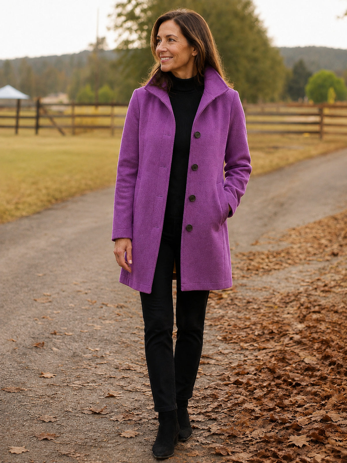 Serena Heritage Button-Front Coat in Orchid on a 40+ model