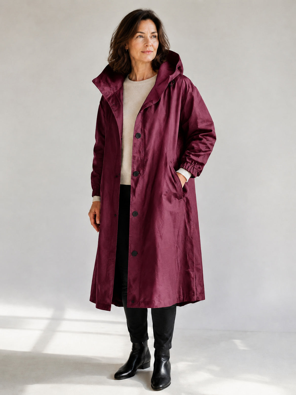 Theodora Hooded Longline Trench Coat in Wine on a 40+ model