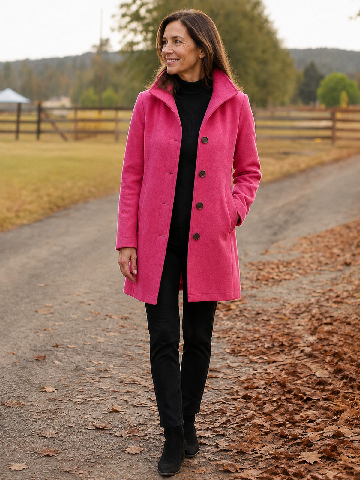 Serena Heritage Button-Front Coat in Raspberry on a 40+ model
