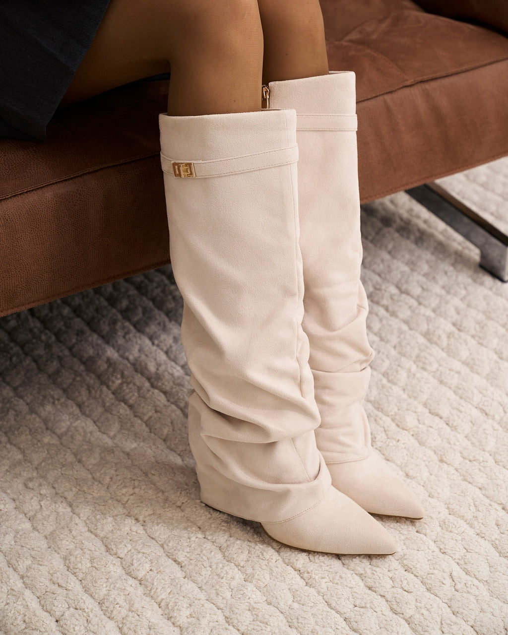 The Sienna Slouch Suede Knee-High Boots - Creamy — view 2