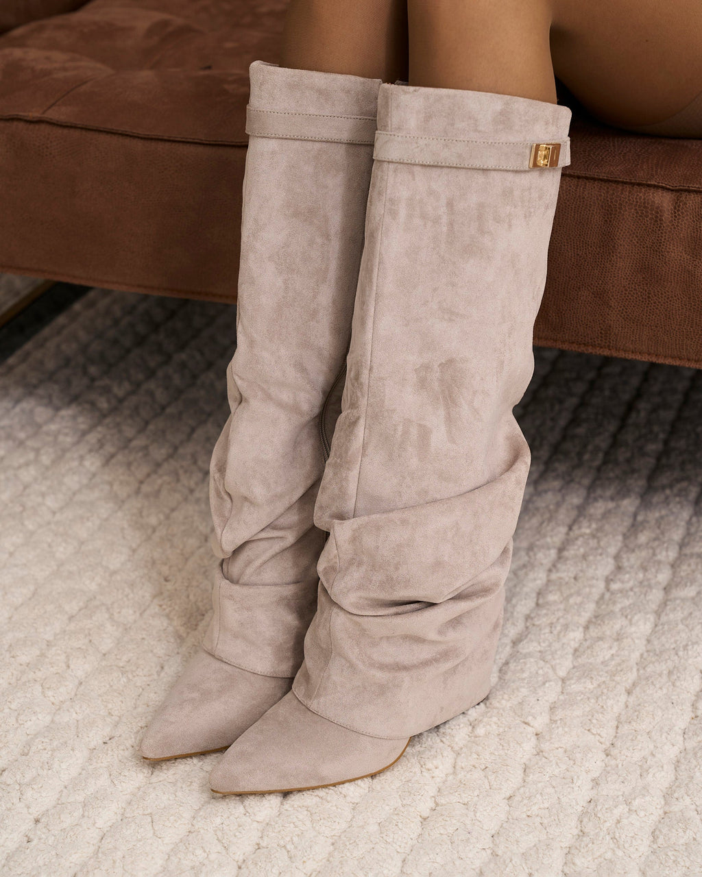 The Sienna Slouch Suede Knee-High Boots - Taupe — view 2