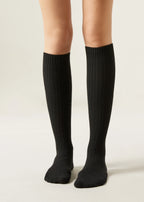 Ribbed High-Knee Wool Socks — Black