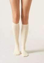 Ribbed High-Knee Wool Socks — Milk White