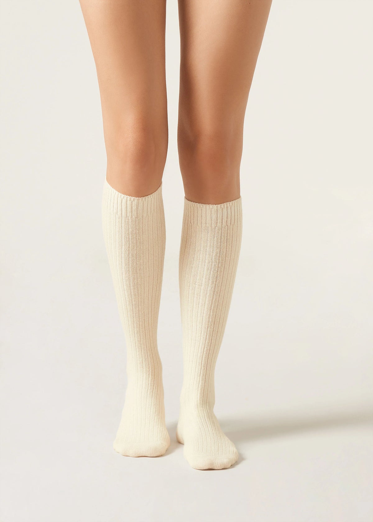 Ribbed High-Knee Wool Socks — Milk White