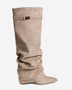 The Sienna Slouch Suede Knee-High Boots - Beige — view 1
