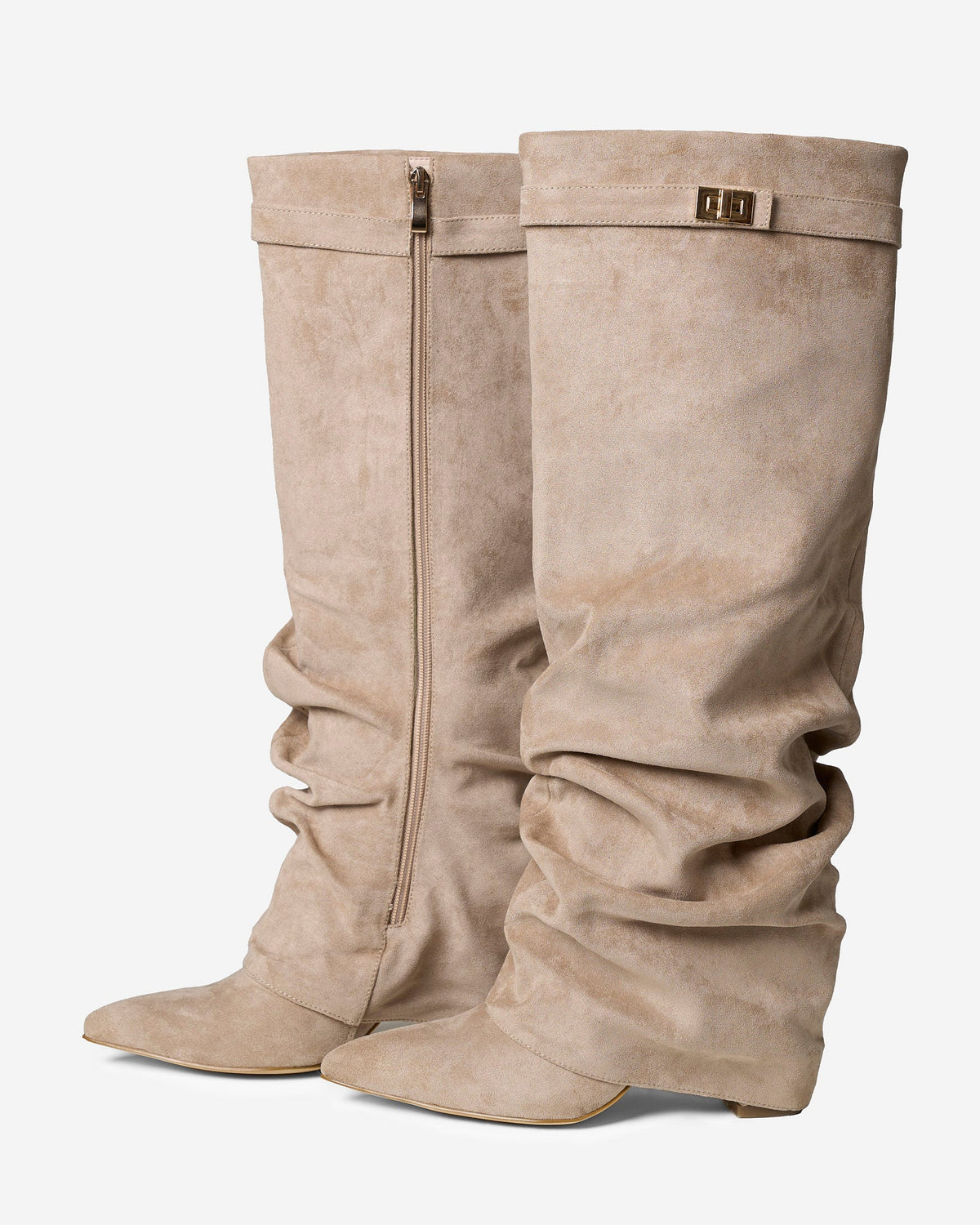 The Sienna Slouch Suede Knee-High Boots - Beige — view 4