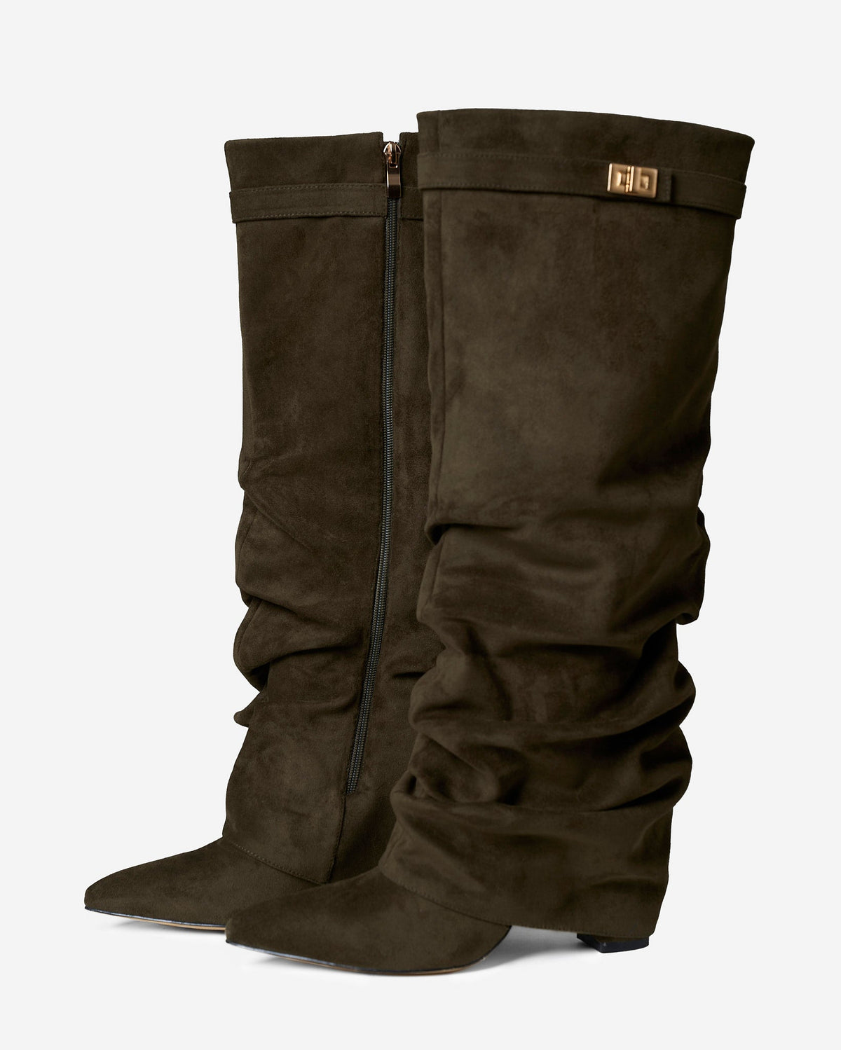 The Sienna Slouch Suede Knee-High Boots - Olive Green — view 3