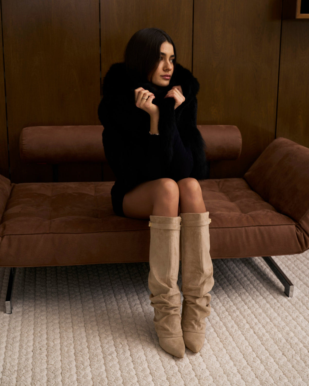 The Sienna Slouch Suede Knee-High Boots - Beige — view 3