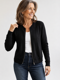 Adeline soft ribbed zip-front knit jacket in Black, elegant 60-year-old model