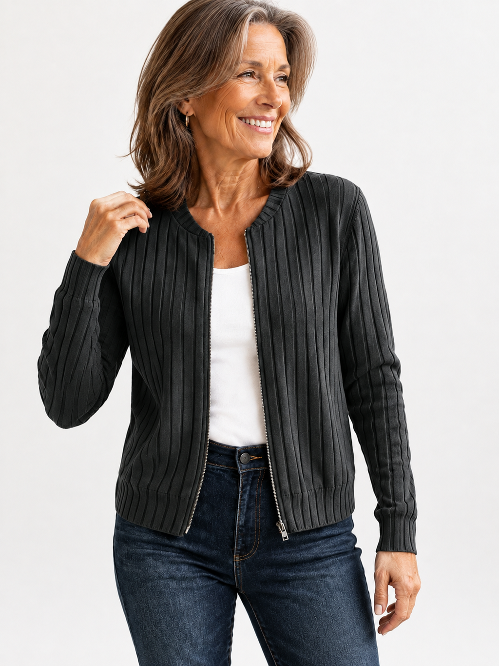 Adeline soft ribbed zip-front knit jacket in Charcoal