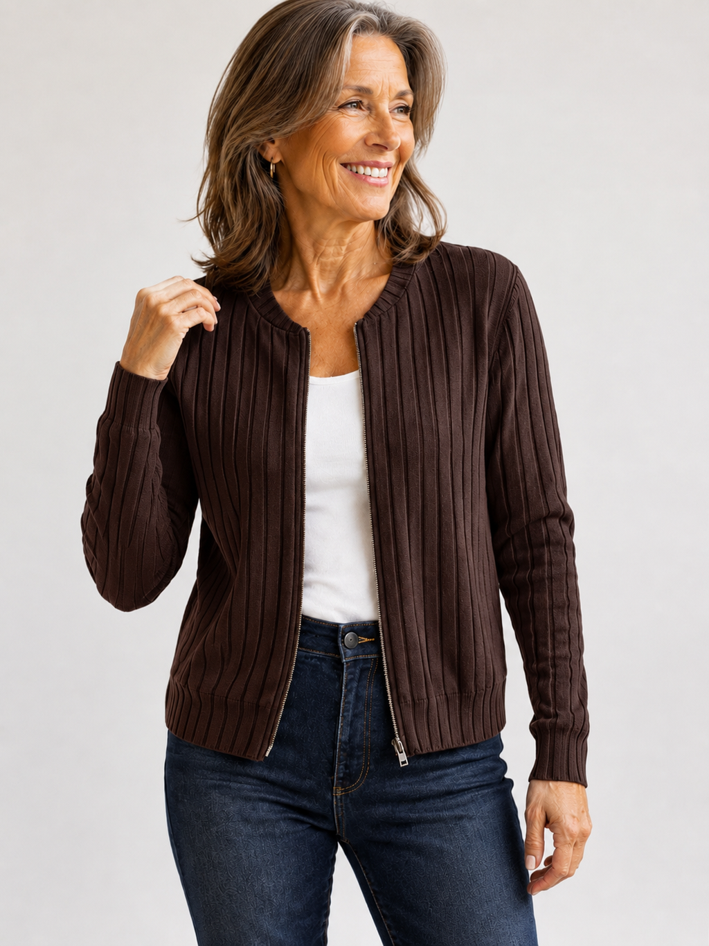Adeline soft ribbed zip-front knit jacket in Coffee Brown