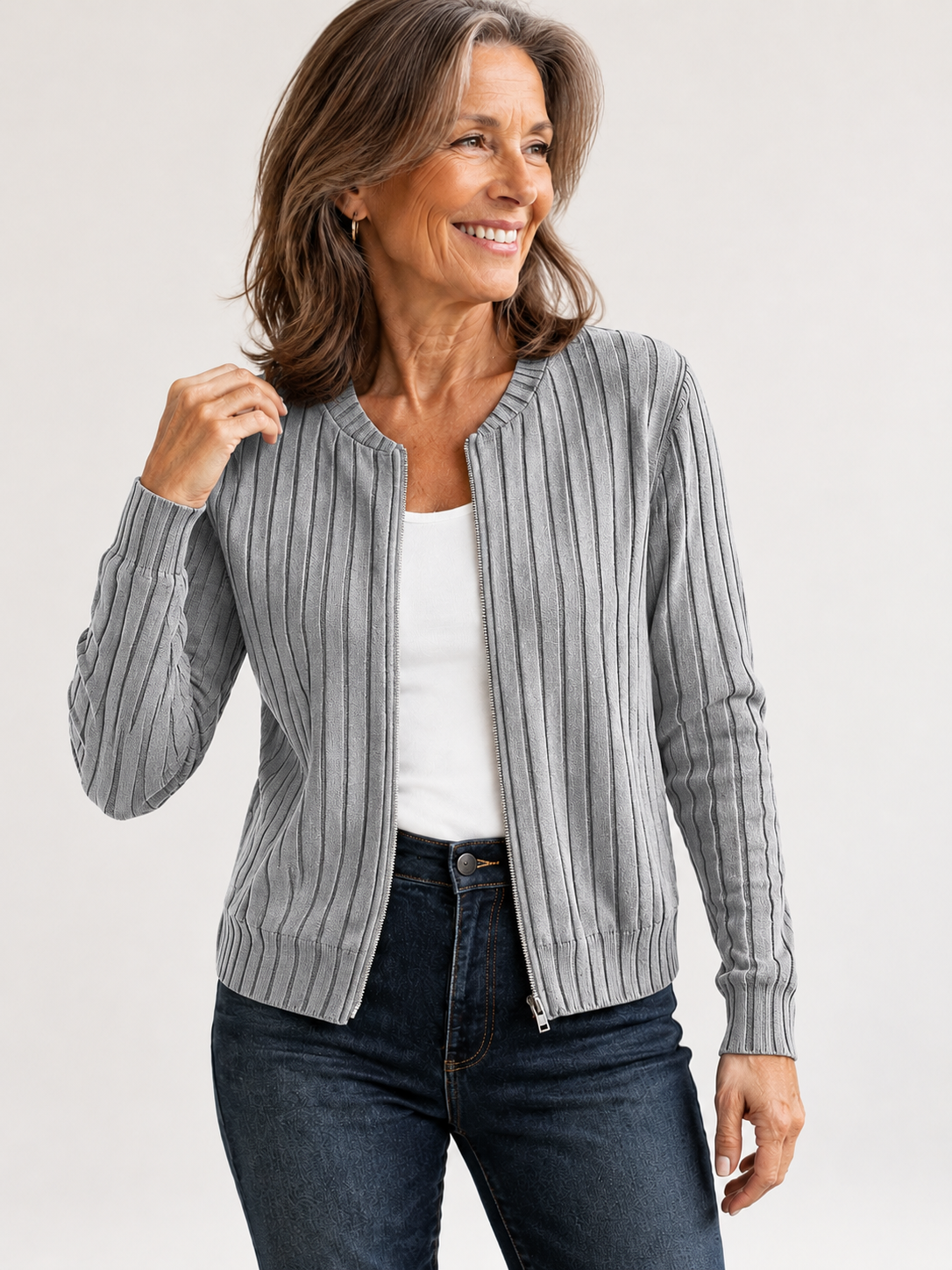 Adeline soft ribbed zip-front knit jacket in Light Grey