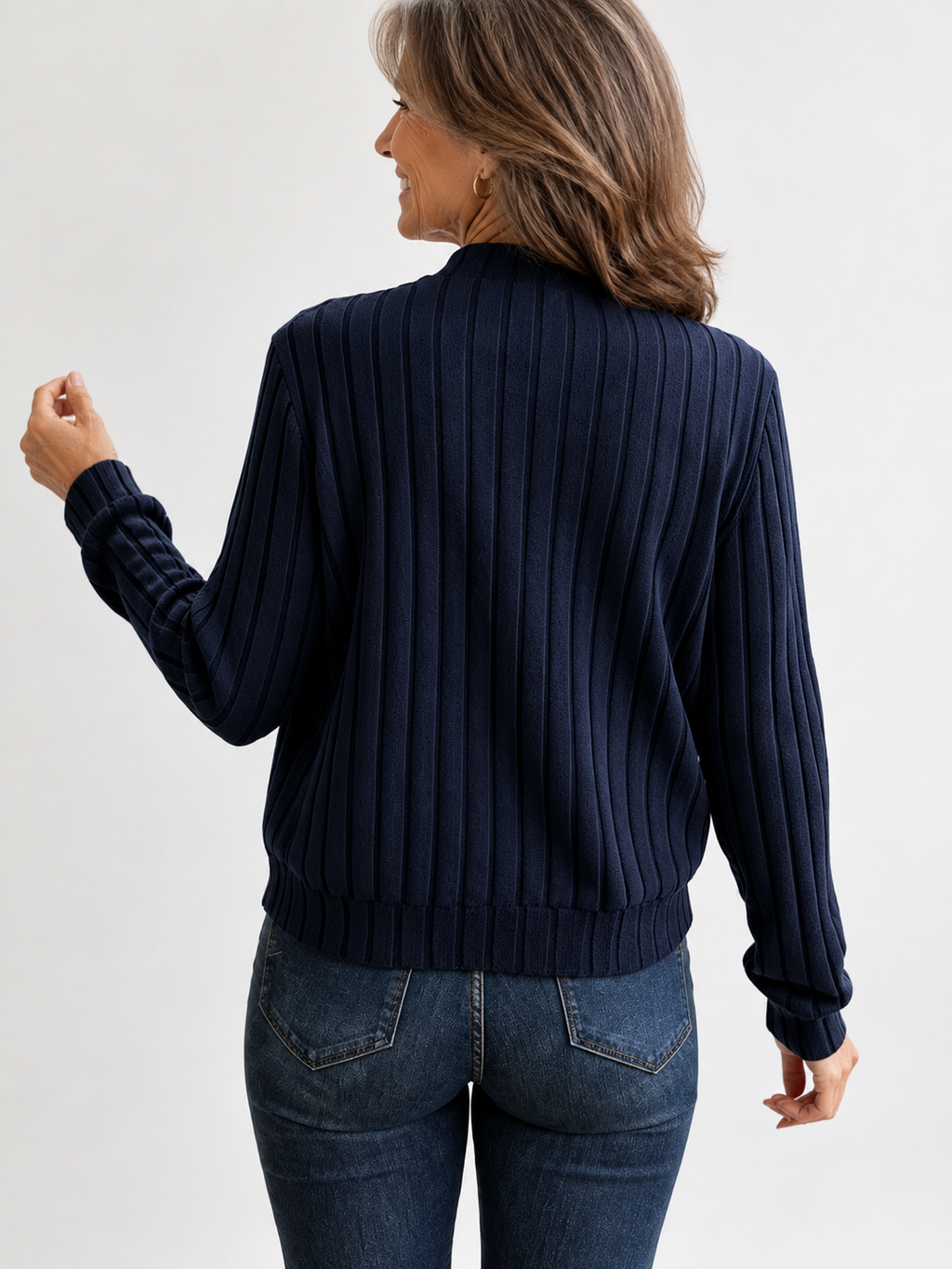 Adeline soft ribbed zip-front knit jacket in Navy, back view