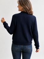 Adeline soft ribbed zip-front knit jacket in Navy, back view