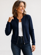 Adeline soft ribbed zip-front knit jacket in Navy, open front