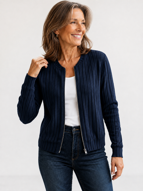 Adeline soft ribbed zip-front knit jacket in Navy, open front
