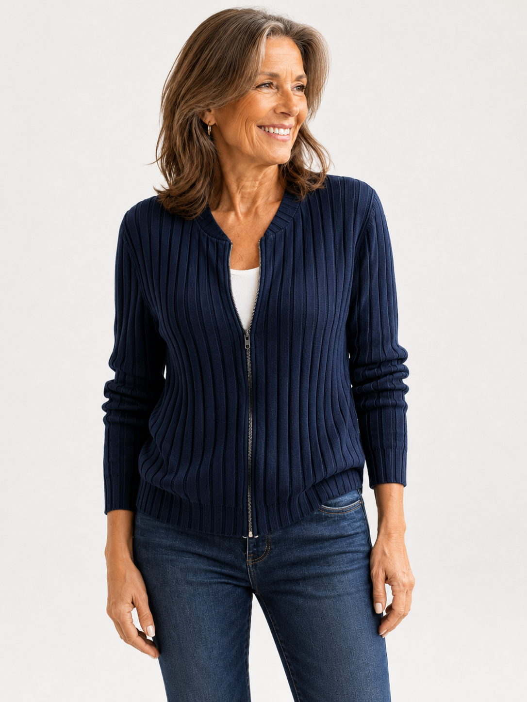 Adeline soft ribbed zip-front knit jacket in Navy, styled view