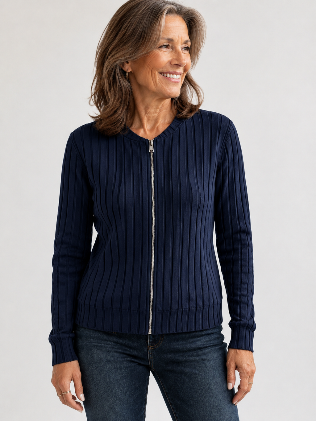 Adeline soft ribbed zip-front knit jacket in Navy, fully zipped