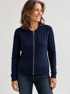 Adeline soft ribbed zip-front knit jacket in Navy, fully zipped