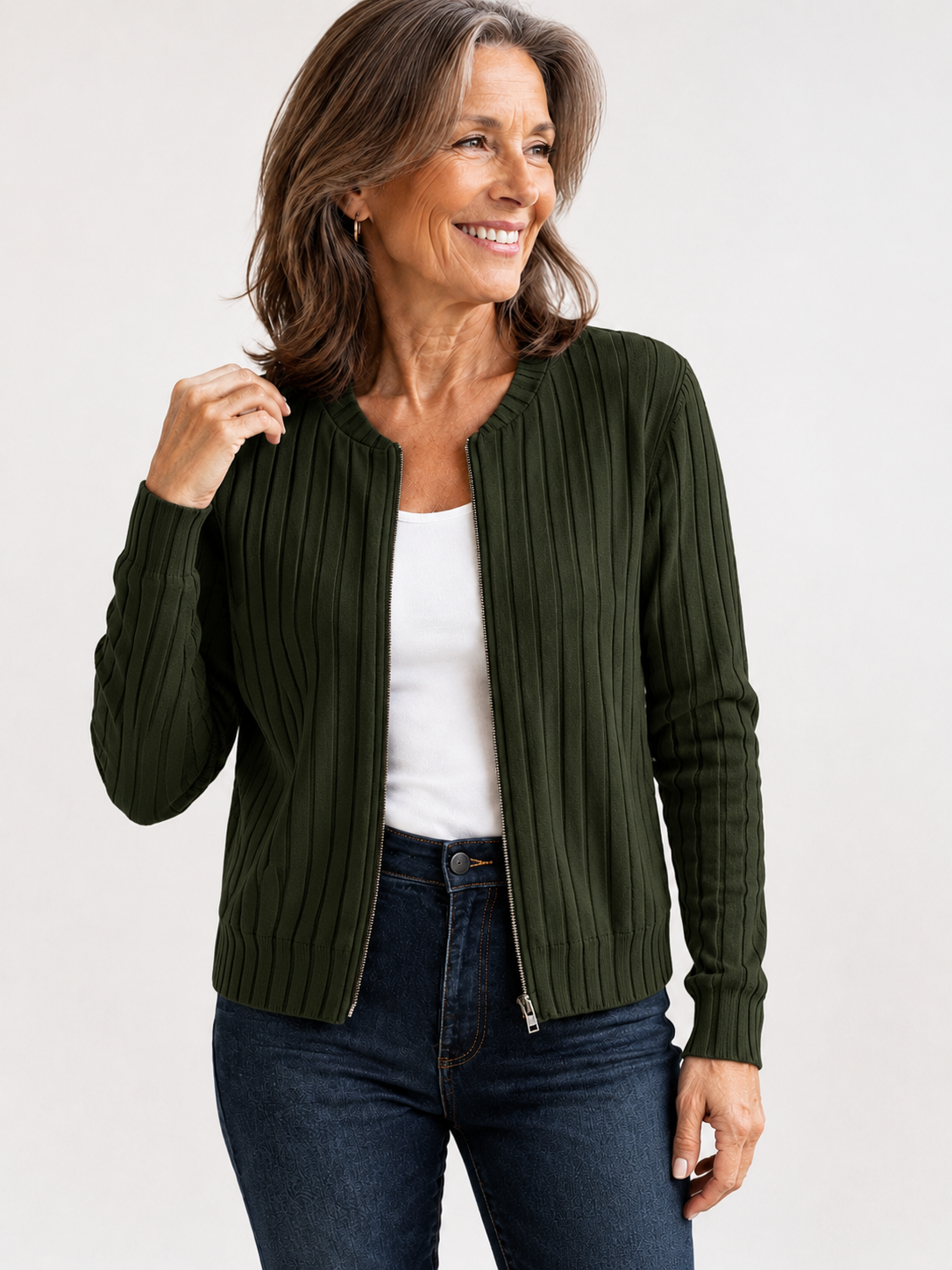 Adeline soft ribbed zip-front knit jacket in Olive