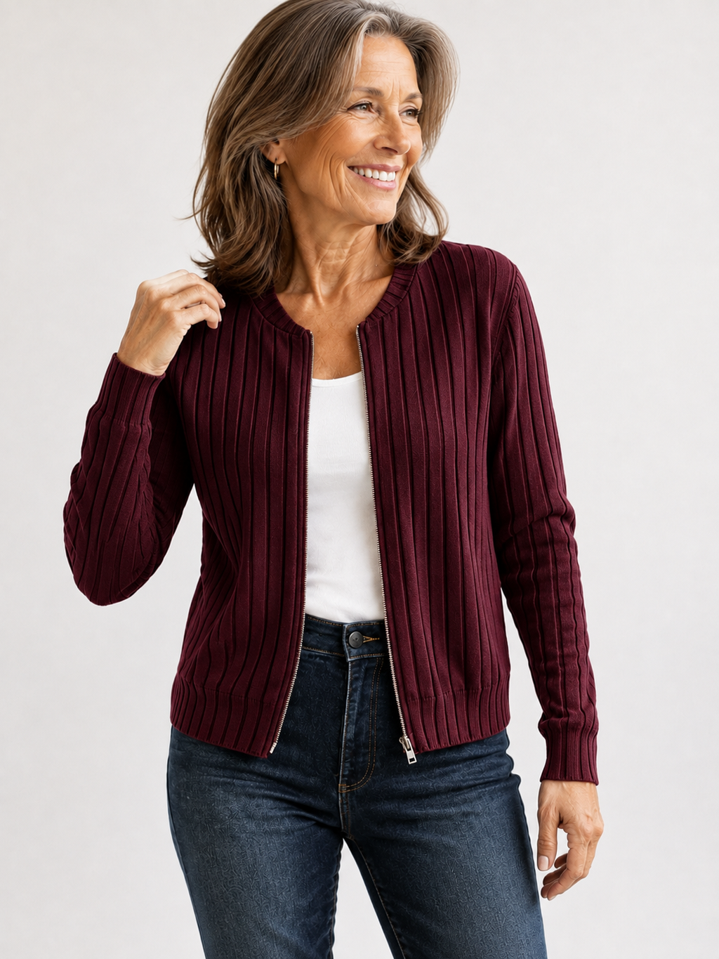 Adeline soft ribbed zip-front knit jacket in Wine