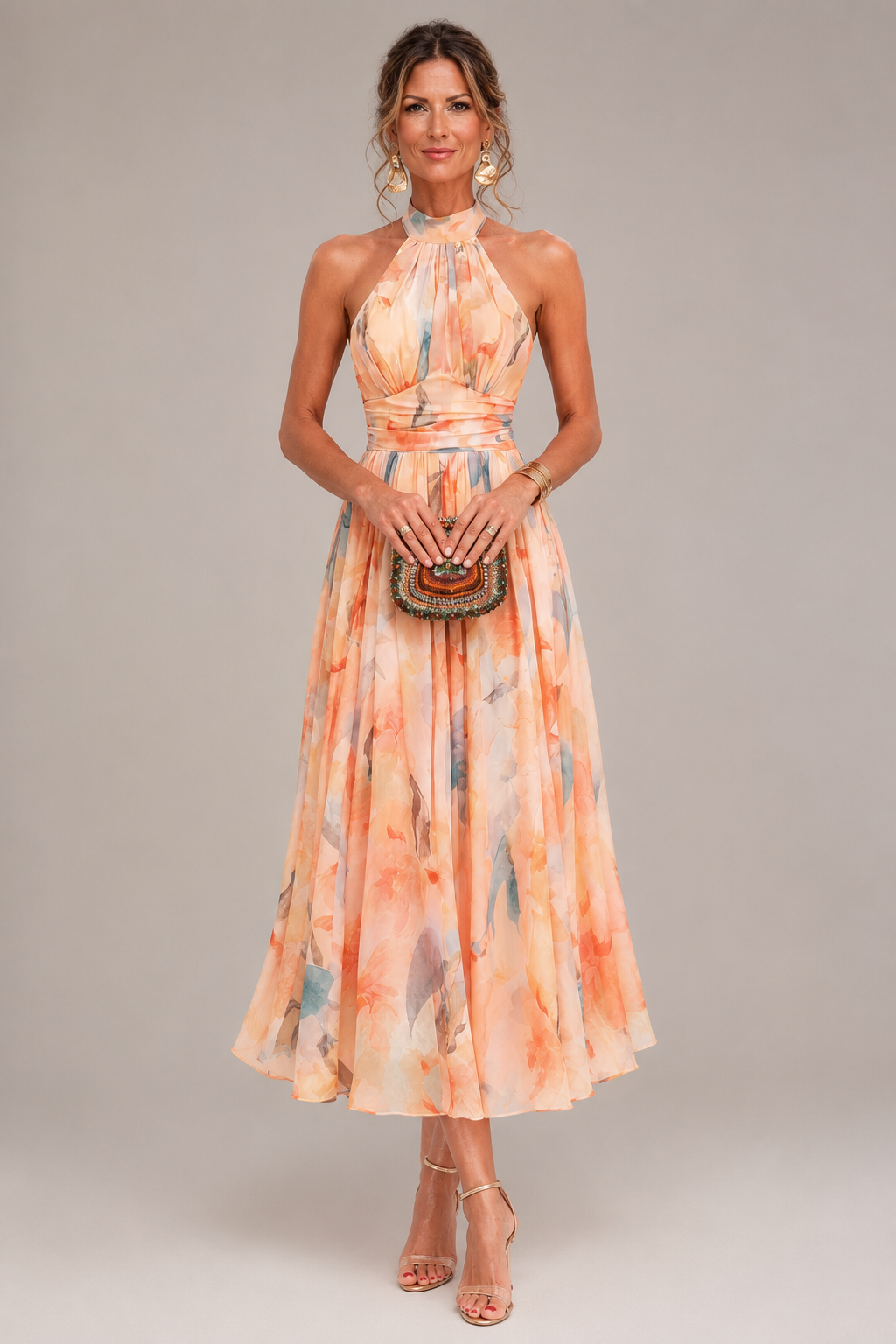 Aurora - Watercolor Halter Neck Maxi Dress