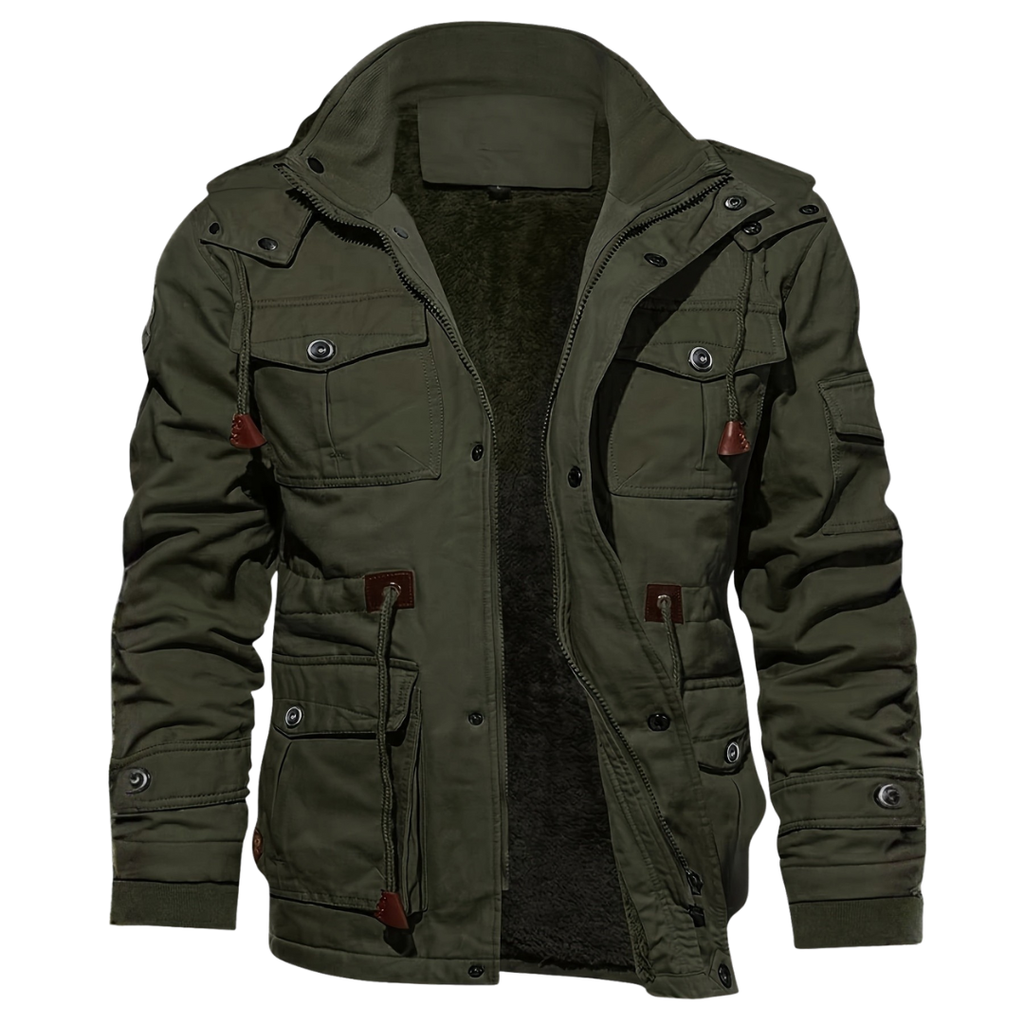 Boone - Fleece-Lined Cargo Field Jacket in Army Green