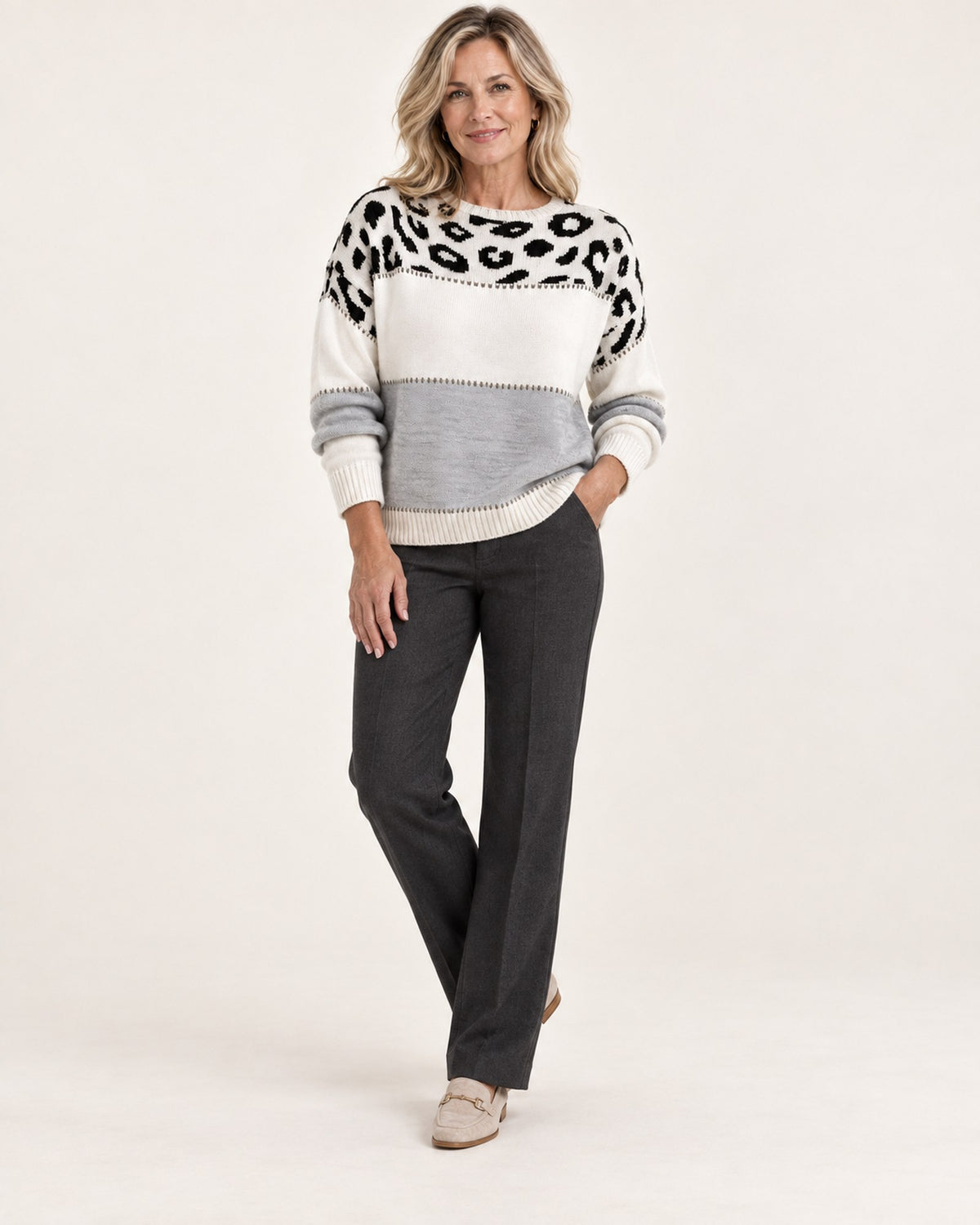 Carol leopard print sweater in grey, full-body view on model