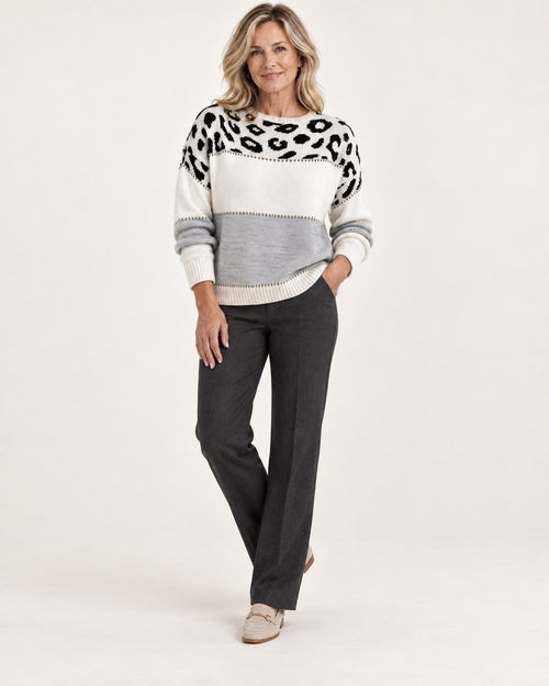 Carol leopard print sweater in grey, full-body view on model