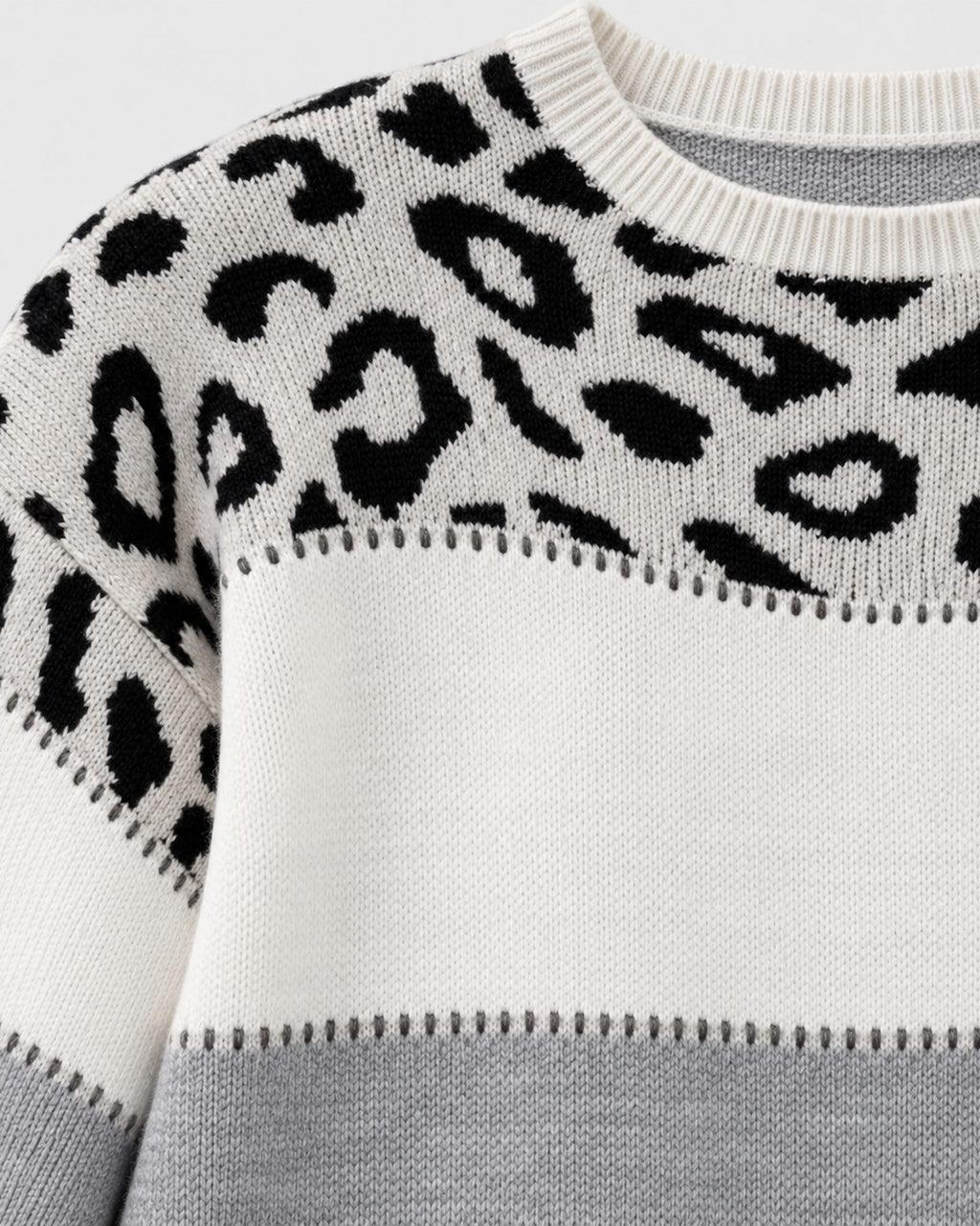 Carol grey leopard sweater, neckline and yoke construction detail