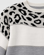 Carol grey leopard sweater, neckline and yoke construction detail