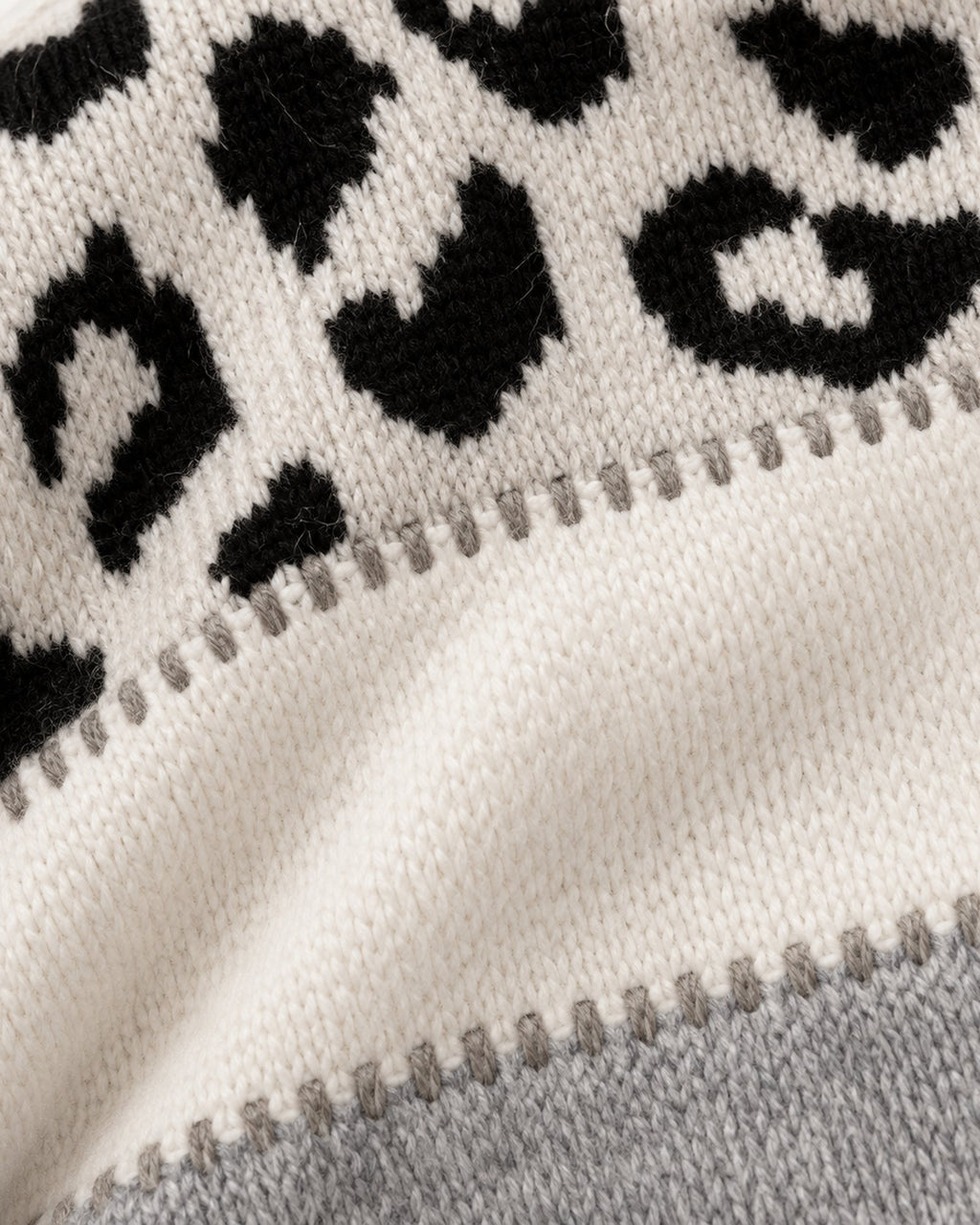 Carol grey leopard sweater, knit and blanket-stitch detail