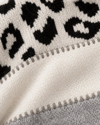 Carol grey leopard sweater, knit and blanket-stitch detail