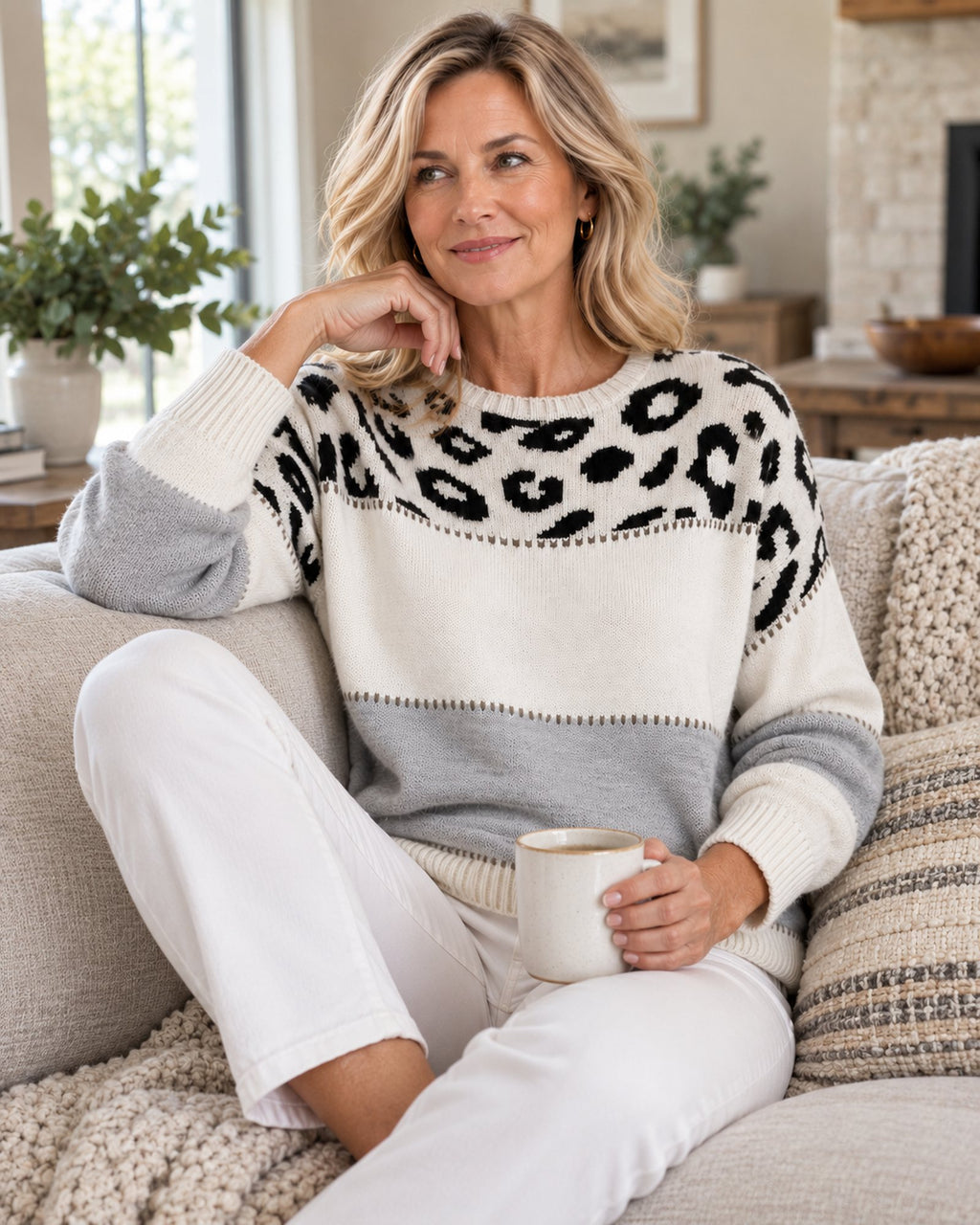 Carol leopard print sweater in grey, worn in a relaxed home